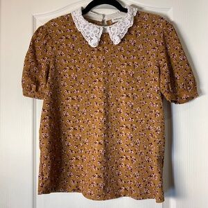 Faith and Joy Floral Cottagecore Blouse Lace Collar Mustard Brown L